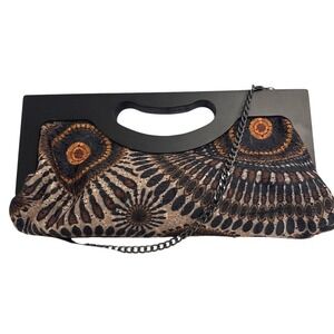 Scarleton Wood Handle Clutch Bag Embroidered Medallion Boho Shoulder Bag Black